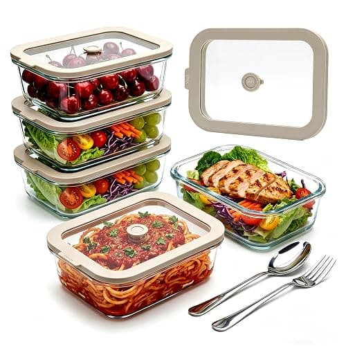 Encheng 5 Pack 35 oz Glass Meal Prep Containers, Plastic-Free Glass Food Storage Containers with Lids, 4.4 Cups Airtight Glass Lunch Containers for Leftovers, Microwave, Oven, Freezer and Dishwasher - Image 1