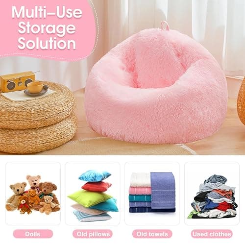 Pink fluffy bean bag chair covers (No Filler), comfy Plush Pink bean bag chair Cover for bedroom, stuffed animal Storage, kids adults teens girls bean bag chairs, Anti-Slip thumbnail 4