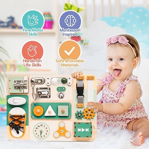 KALOTOYS Montessori Busy Board for Baby & Toddlers 1-3 | Wooden Sensory Activity Board with 13 Activities, Real Metal Locks & Latches | Fine Motor Skills Educational Toy for 1 2 3 Year Old thumbnail 6