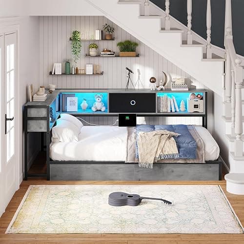 Hasuit Twin Corner Bed Frame with Storage Drawers and Bookcase Headboard, Twin Size Metal Platform Corner Bed Frame with Charging Station and LED Lights, Twin Daybed for Kids Teens Guests, Oak Gray thumbnail 2