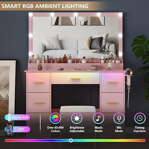METOTI 44" Vanity Desk with 38" Large Mirror and 9 LED Lights & Glass Top and Power Outlet, Makeup Vanity Set with 7 Drawers & Chair and RGB Ambient Light, Dressing Table for Bedroom, Modern Pink thumbnail 4