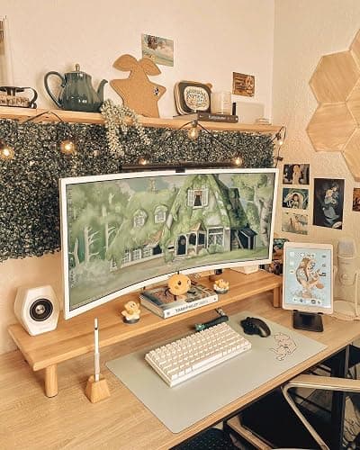 ROCDEER Bamboo Dual Monitor Shelf, Monitor Stand Riser with Underneath Storage for Desk Office Supplies, Supports Heavy TV up to 300 lbs, Natural thumbnail 3