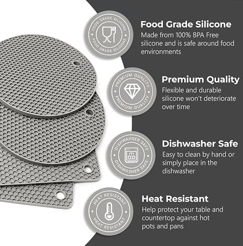 Silicone Trivets for Hot Pots & Pans (4 Pack) - Multipurpose Trivets for Hot Dishes, Silicone Heat-Resistant Mats for Kitchen by Linda’s Essentials, Non-Slip Counter Protector (Grey) - (2 Pcs Round 7 Inch + 2 Pcs Square 7.3 Inch -Grey) thumbnail 4