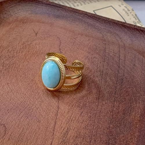 Dikixe Boho Western Turquoise Ring, Oval Turquoise Gemstone December Birthstone Open Adjustable Statement Ring, Gold Plated Stainless Steel Stackable Rings for Women thumbnail 6