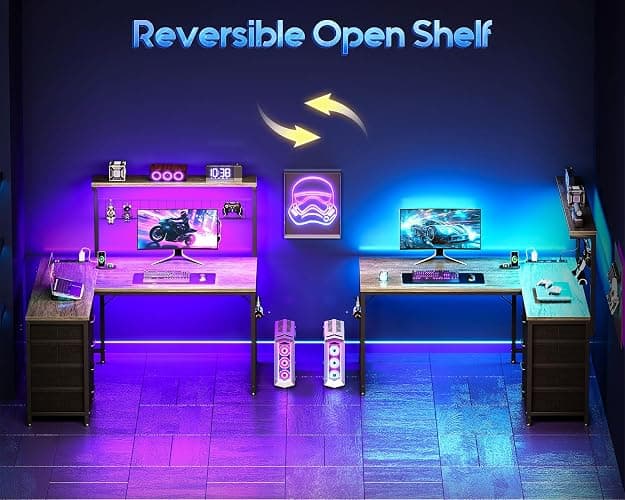 MOTPK L Shaped Gaming Desk with Shelf & 4 Drawers, 43" Reversible Computer Desk with LED Light, Home Office Table with Hutch and Hook, Oak Grey thumbnail 8