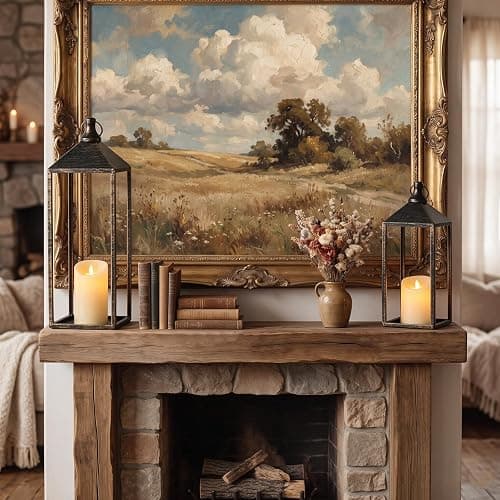 17" 13" Vintage Farmhouse Decorative Lanterns Indoor Outdoor with Candles | Set of 2 Lanterns Decorative Outdoor Indoor for Covered Porch Patio Fireplace Mantel, Floor, Fall, Festival, No Glass thumbnail 2