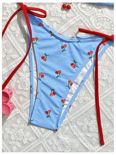 WDIRARA Women's 2 Piece Swimsuit Cherry Print Side Tie Halter Bikini Set | Self Tie Thong,Summer Beachwear,Side Tie,Halter Triangle,Vacation,Cute String Bathing Suits thumbnail 3