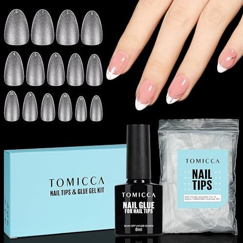 TOMICCA Short Almond Matte Nail Tips & Nail Glue Kit, 150 pcs Full Coverage Soft Gel Nail Tips, No File, 8ml Nail Glue Soak off UV Lamp, Nail Tip Glue Set for Quick Nail Salon - Image 1