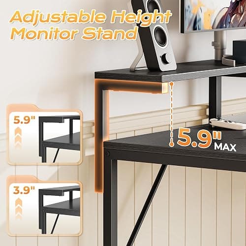 PRAISUN 47.2 Inch Gaming Desk with LED Lights & Power Outlets | Computer Desk with Drawer & Storage Shelves, Office Writing Desk with Monitor Stand for Work from Home, Black thumbnail 8