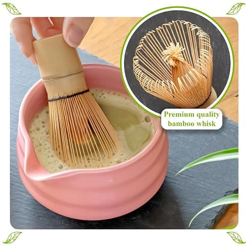 Marce Matcha Whisk Set- Matcha Set includes Matcha Whisk and Bowl with Spout, Sifter, Holder and Scoop- The Perfect Bamboo Whisk for Matcha Tea (Pink) thumbnail 5