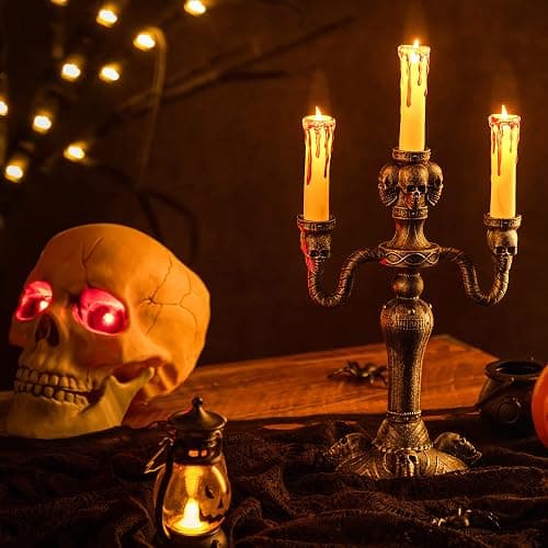 JOYIN 2 Pcs Skull Candelabra Halloween Decorations Indoor LED Lights Flameless Candles Holder, Scary Haunted House Mansion Decor for Table Home Party thumbnail 6