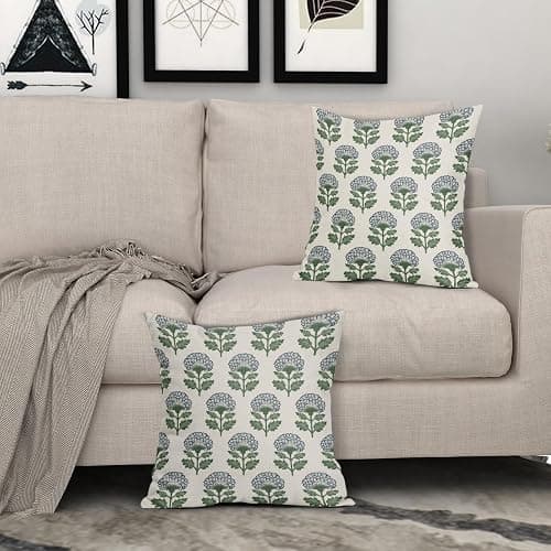 Aytipun Blue Green Floral Block Print Pillow Covers 18x18 Set of 2 Flower Pattern Cream Spring Summer Decorative Throw Pillowcases Outdoor Rustic Farmhouse Cushion Cases Decor for Home Couch Sofa Bed thumbnail 2