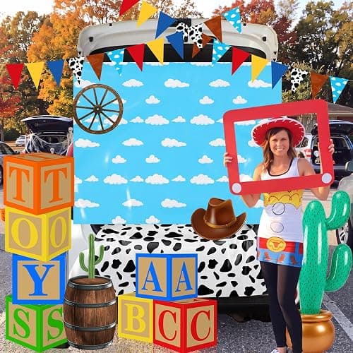 Mindsoft 17 Pcs Halloween Cowboy Trunk or Treat Car Decor Garland Cactus | Cow Print Boxes, Blue Sky White Cloud Backdrop, Inflatable Cactus, Western Garland for SUV Outdoor Birthday Party Decorations thumbnail 6