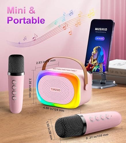 TiMOVO Mini Karaoke Machine, Portable Bluetooth Speaker with 2 Wireless Microphones and LED Lights, Birthday Gifts for Family Home Party, Pink thumbnail 9