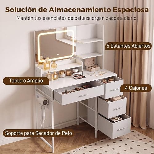 HOMCOM Tocador de Maquillaje con Espejo LED con Estación de Carga Blanco | Tocador, 3 Colores de Luz, 4 Cajones, 5 Estantes Abiertos, Soporte para Secador, Estructura Metálica, para Dormitorio thumbnail 6