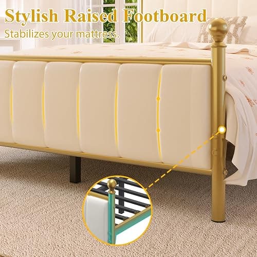 E-Motie Full Size Bed Frame with Headboard, Upholstered Platform Metal Beds Frame Full, Supported by Strong Metal Slats, No Box Spring Needed, Easy Assembly, Noise-Free, Gold thumbnail 7