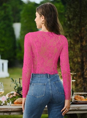 AGECODE Women's Sexy Open Front Tie Long Sleeve Ruffle Trim Sheer Mesh Lace Crop Tops Blouses thumbnail 2