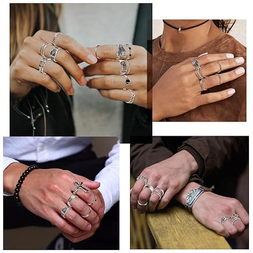 PANTIDE Vintage Punk Rings Set Gothic Knuckle Midi Rings Adjustable Alloy Chain Belt Cross Stackable Finger Half Open Rings Fashion Joint Jewelry for Women Men (Silver) 22Pcs thumbnail 6