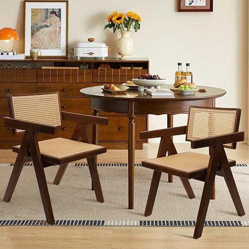 CLATINA Rattan Reading Chair for Bedroom Comfy Indoor Kitchen Dining Chair with Rattan Backrest Armrest Morden Upholstered Seat Wood Chair for Home Living Room Farmhouse Restaurant(1PK) - 1PK - Light Beige thumbnail 7