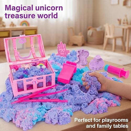 Carolart Unicorn Cloud Sand Sensory Kit, Sand Toys for Kids, Play Sand | Treasure chest unicorn toys with cloud clay, moldable sensory play sand, gift for girls boys ages 3+, travel sensory toy thumbnail 7