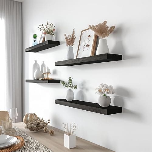 YFYEO Black Wood Floating Shelves for Wall Rustic Wall Shelf for Bedroom Living Room Set of 4 thumbnail 7