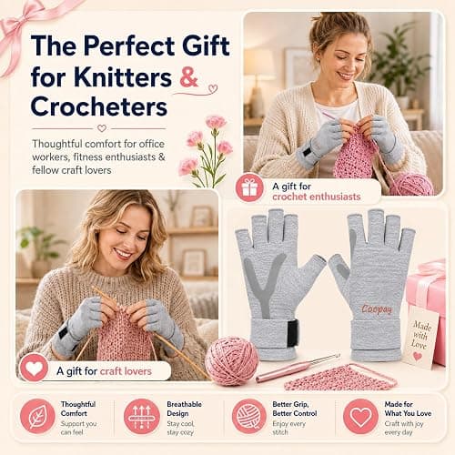 Coopay Crochet Gloves with Anti-Slip Grip, Fingerless Compression, Size M | Ergonomic Hand Support for Crocheting, Knitting and Crafting, Reduces Strain During Long Sessions, Lightweight, Fingerless thumbnail 8