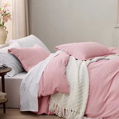 Bedsure Pink Duvet Cover Queen Size - 3 Pieces Prewashed Cotton-Like Extra Soft Bedding Set, Includes 1 Duvet Cover 90x90 Inches with Zipper Closure & 2 Pillow Shams, Comforter Not Included thumbnail 4