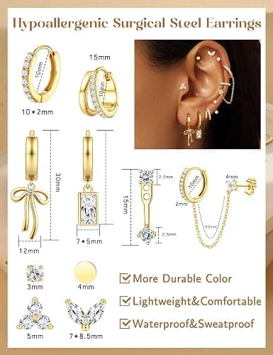 ORAZIO Small Hoop Stud Earrings Stacks for Women 14K Gold Plated Silver Huggie Hoops Cartilage Hypoallergenic Chain Cute Dangle Earrings Set for Multiple Piercings Jewelry thumbnail 3