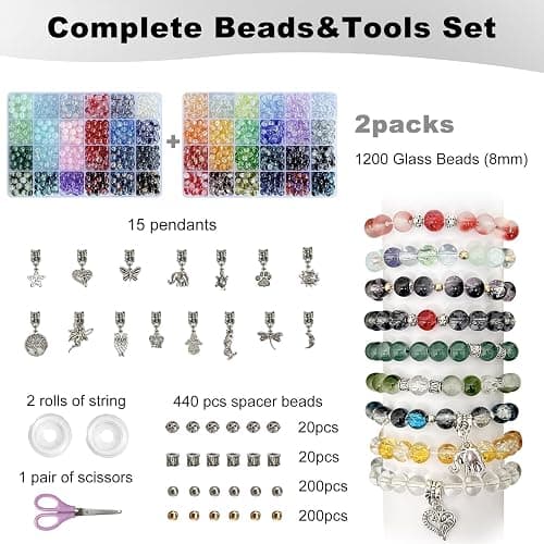 Rujiaoa 8mm Crackle Glass Beads for Bracelets, 1200PCS Adult Bracelet Making Kit with Elastic Cord & Charms, DIY Jewelry Gifts for Beginners thumbnail 3