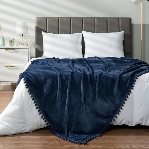 PAVILIA Fleece Throw Blanket for Couch with Pom Pom Fringe, Navy Blue, Soft Cozy Fuzzy Flannel Blanket for Sofa Bed, Lightweight Plush All Season Throw, 50x60 Inches thumbnail 5