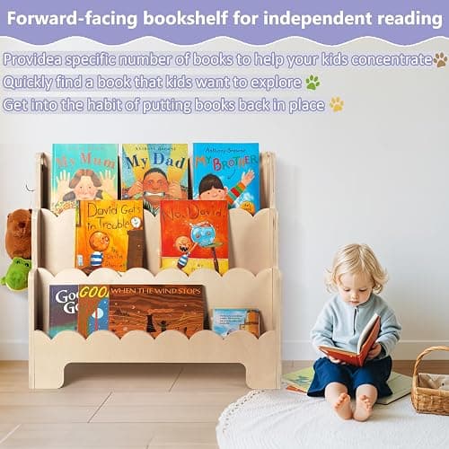 Tohiasen Kids Bookshelf Wooden 3-Tier, Scalloped Book Shelf for Kids Rooms, Front Facing Toddler Montessori Bookshelf, Baby Nursery Book Shelves Kids Classroom Bookshelf Bookcase thumbnail 7