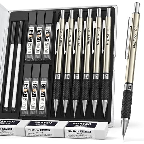 Nicpro 0.5 mm Art Mechanical Pencils Set in Case, 6 PCS Metal Drafting Pencil Lead Pencil 0.5mm with 6 Tube HB Lead Refills, 3 Erasers, 18 PCS Eraser Refills for Artist Writing, Drawing, Sketching - Image 1