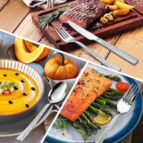 E-far Hammered Silverware Set, 40-Piece Stainless Steel Square Flatware Set for 8, Metal Tableware Cutlery Set Includes Dinner Knives/Forks/Spoons, Modern Design & Mirror Polished - Dishwasher Safe thumbnail 7
