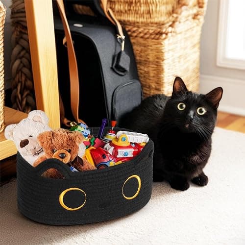 WILLITAT Black Cat Toy Basket, Small Woven Cat Toy Storage Box with Cute Ears Handle Indoor, Cotton Rope Storage Bin with Embroidered Face for Halloween Decor, Pet Bed, Nursery Kids Room Organization thumbnail 4