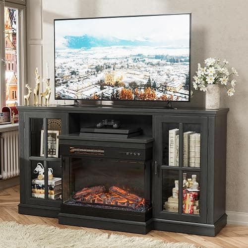 JUMMICO Fireplace TV Stand for TVs up to 65'', 3-Sided Glass Media Entertainment Center Console Table with Cabniet Storage Adjustable Flame LED Color for Living Room (Black) - Image 1