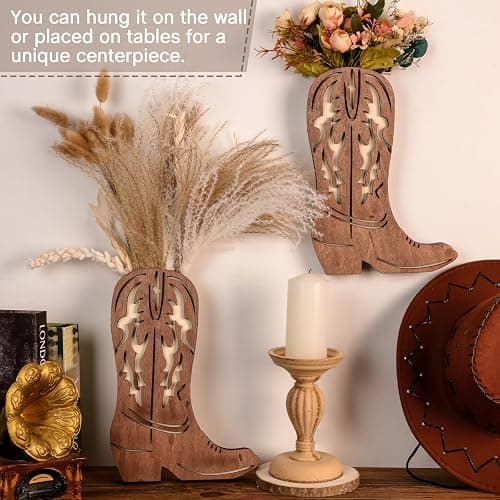 Havawish 2 Pcs Modern Farmhouse Decor Wood Cowboy Boots Wall Planter for Indoor Plants 12 x 8'' Cowboy Boot Flower Hanging Vase for Flower Faux Wood Wall Decor for Bathroom Bedroom(Retro Style) thumbnail 2