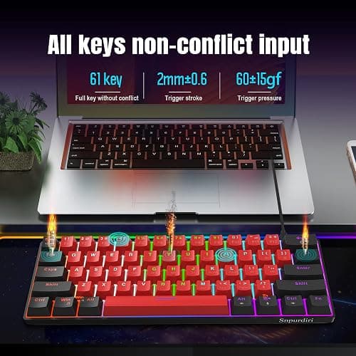 Snpurdiri 60% Wired Mechanical Keyboard, Mini Gaming Keyboard with 61 Keys for PC, Windows XP, Win 7, Win 10 (Black-Red, Red Switches) thumbnail 6