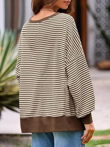 Fisoew Women's Fall Oversized Sweatshirt Casual Waffle Knit Long Sleeve Crewneck Split Pullover Tunic Tops thumbnail 4