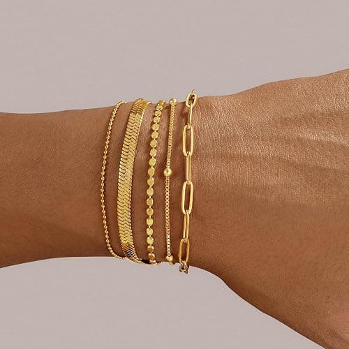 Striviio Gold Bracelets for Women, 14K Gold Plated Stackable Bracelet Stack Set Adjustable Charm Paperclip Chain Snake Link Layered Waterproof Jewelry Sets Gifts thumbnail 4