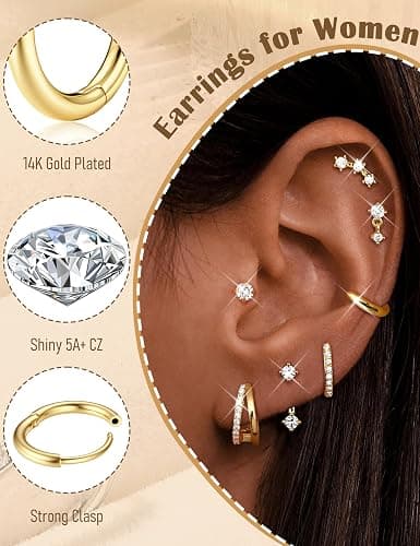 BESTEEL 7Pairs Hypoallergenic Gold Earrings for Women Trendy Small Stud Huggie Hoop Earing Stacks Set Cute Cartilage Helix Jewelry for Sensitive Ears Silver Dainty Christmas Earrings Gifts thumbnail 3
