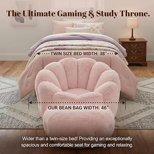 Mofolit 46" Oversized Flower Bean Bag Chair with Ottoman for Adults,Large Cozy Beanbag Chair with Artificial Rabbit Fur Fabric,Boneless Sofa for Living Room,Reading Room and Apartment. (Pink) thumbnail 6