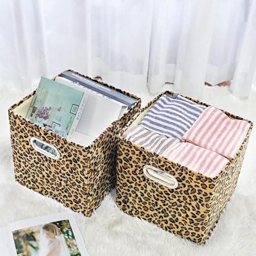 ANMINY 2PCS Storage Cubes Leopard Cheetah Print Velvet Fabric Storage Bins for Shelves, Collapsible Washable Closet Storage Baskets Boxes with Handles for Organizing and Storage -Brown, 11"x 11"x 11" thumbnail 2