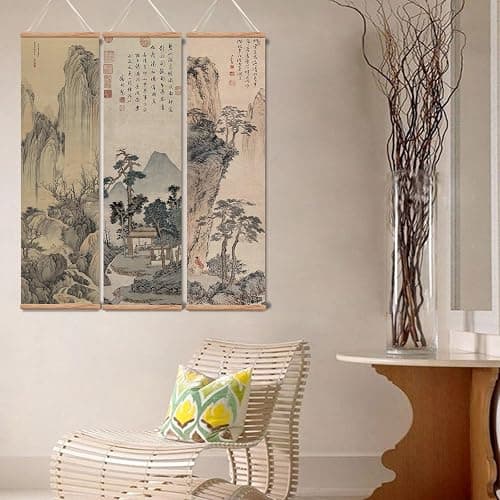 xinyuru Chinese Ancient Landscape Wall Art Poster,Tradition Canvas Printing,Oak Wood Scroll Painting Decor for Bedroom Living room (Landscape 01, 12”x41”x3 Piece) thumbnail 7