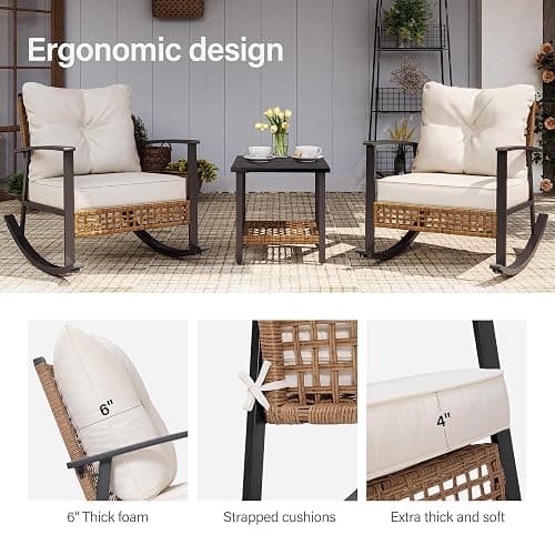 LAUSAINT HOME 3-Piece Rocking Bistro Set, Outdoor Patio Furniture with Thick Cushions and 2-Tier Coffee Table, Oversize Rattan Conversation Set for Garden, Balcony, Backyard (Beige) thumbnail 4
