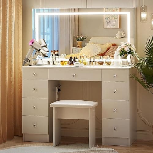 VOWNER Vanity With Lighted Mirror - Makeup Desk With Power Outlet and 9 Drawers, 3 Color Lighting Modes Adjustable Brightness, 43" Table With Soft Cushioned Stool for Bedroom, White thumbnail 7