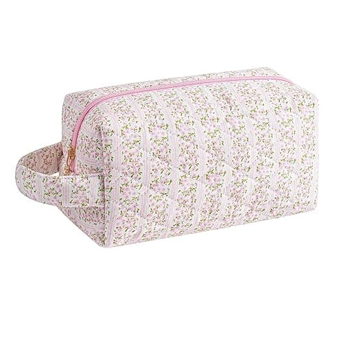 HHQQWZ Makeup Bag Travel Cosmetic Bag for Women, Zipper Make Up Pouch, Floral Flowers Toiletry Organizer Makeup with Handle, Cosmetic Travel Cloth Bag (Pink Floral) - 01 Pink Floral