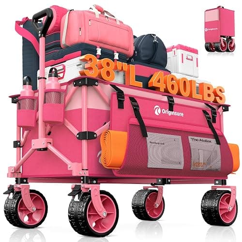 Originsure 220L Collapsible Wagon Cart Foldable, 460lbs Load Capacity Heavy Duty Folding Beach Wagons with Big All-Terrain Wheels, Utility Carts for Groceries, Camping, Sports - Pink - Image 1