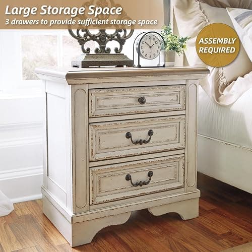 Signature Design by Ashley Realyn French Country 3 Drawer Nightstand with Electrical Outlets & USB Ports, 27.75" Tall, Chipped White thumbnail 4