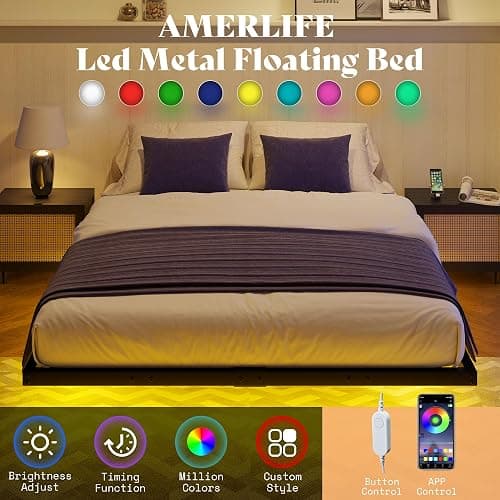 AMERLIFE Queen Size Floating Bed Frame, Queen Bed Frame with LED Light, Heavy Duty Metal Platform Bed, No Box Spring Needed/Noise Free/Black thumbnail 6