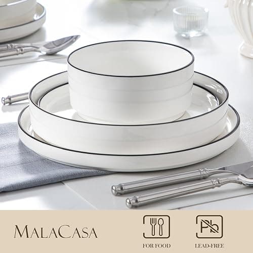 MALACASA Geschirrset 24-tlg für 6 Personen, Modernes Tafelservice aus Weiß Porzellan mit Stehrand & Schwarzer Akzentkante, Geschirr Set inkl. 6x Essteller, Dessertteller, Suppenteller, Suppenschüssel thumbnail 2